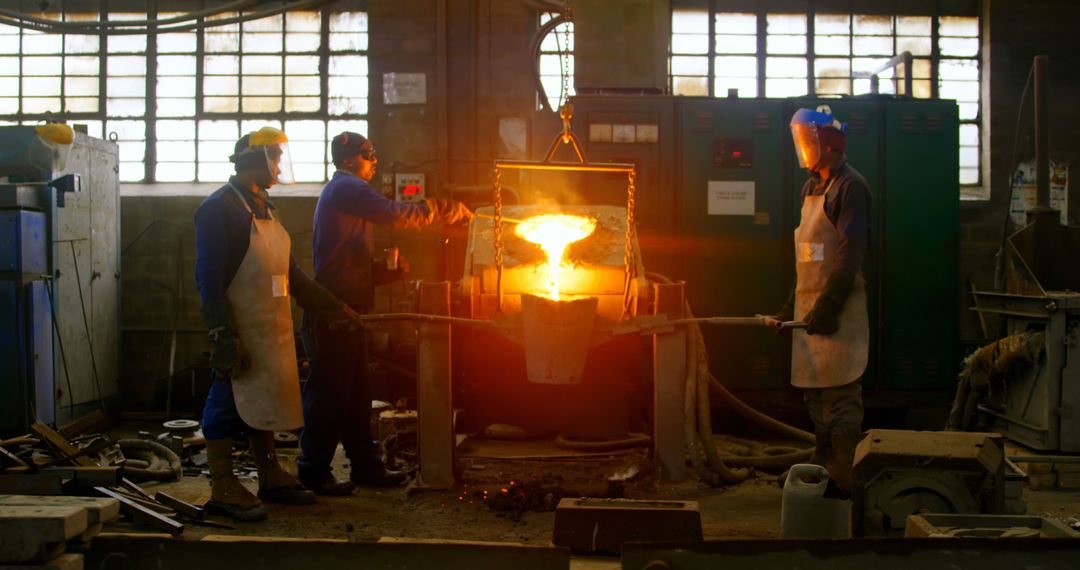 Industrial Workers Pouring Molten Metal in Factory - Free Images, Stock Photos and Pictures on Pikwizard.com