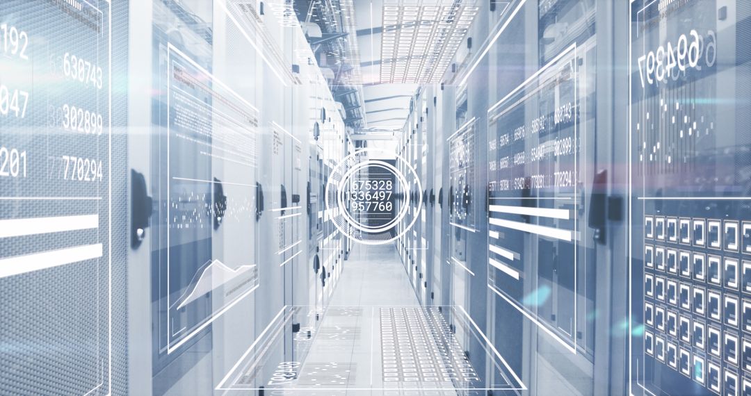 Digital Futuristic Data Center with Analytics Graphics Overlay