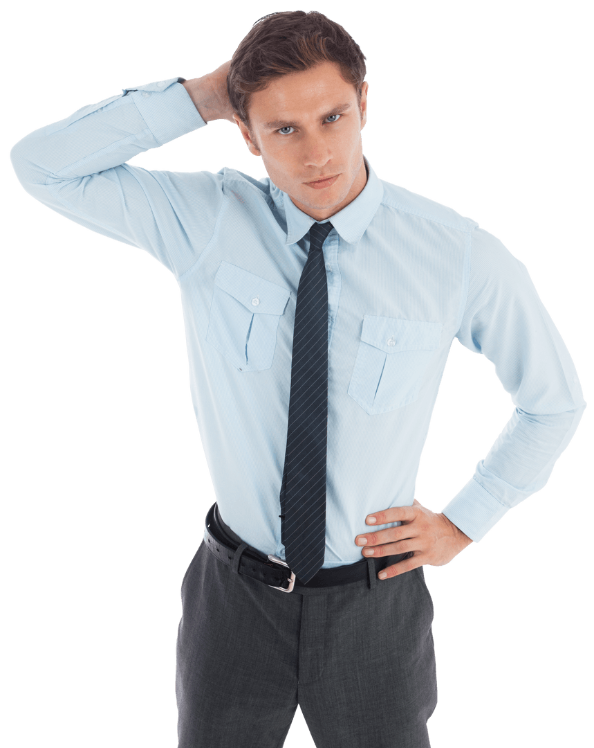 Confused Businessman in Formal Attire on Transparent Background