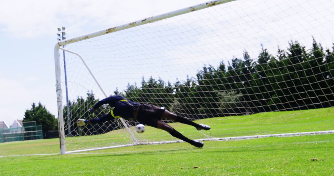 Goalkeeper Diving to Save Soccer Ball in Outdoor Match - Free Images, Stock Photos and Pictures on Pikwizard.com