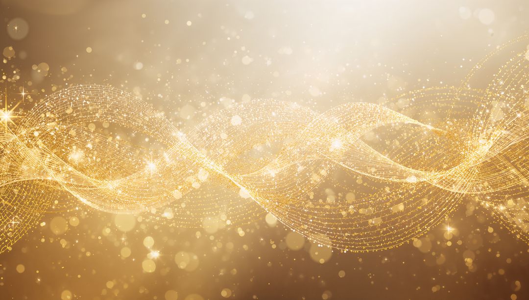 Glowing golden ribbons flowing and shimmering with bokeh glow for luxury festive backdrop