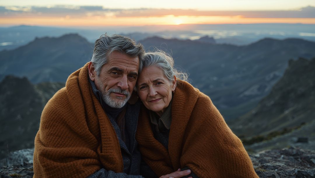 Senior couple cuddling on mountain ridge at sunset snuggling under rust blanket, cozy romance