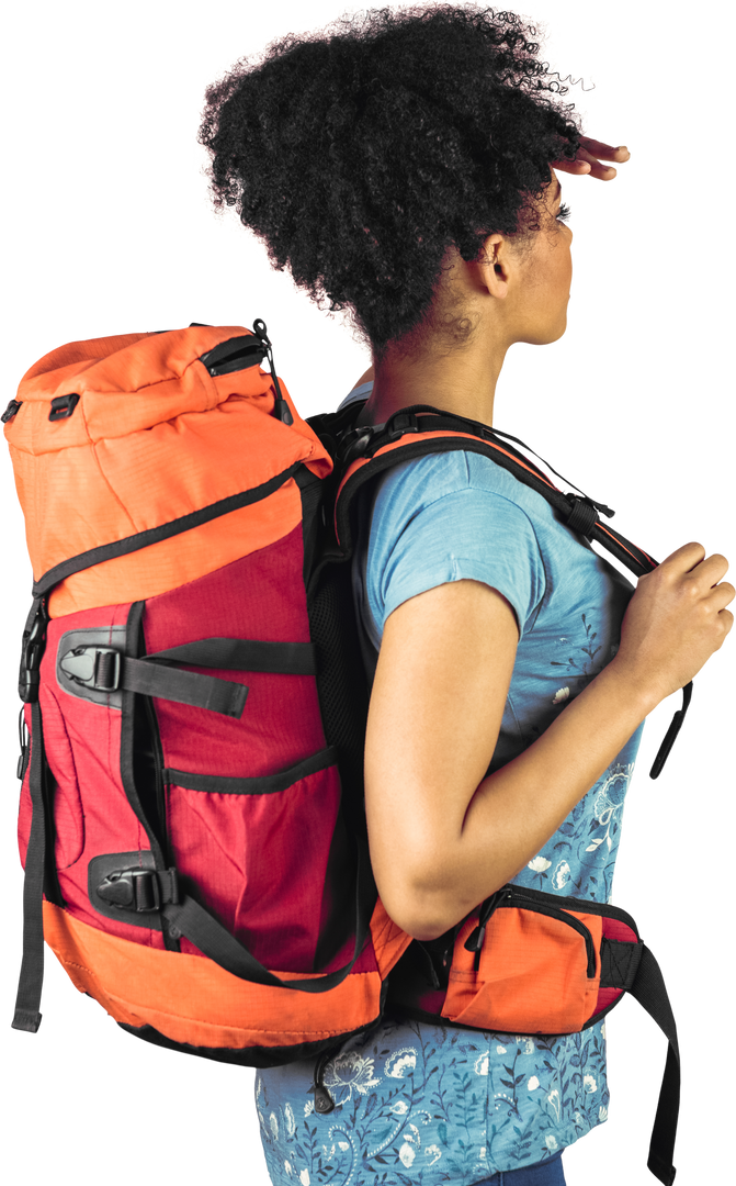 Young African American Woman Hiking with Orange Backpack Facing Right Side Transparent - Download Free Stock Images Pikwizard.com