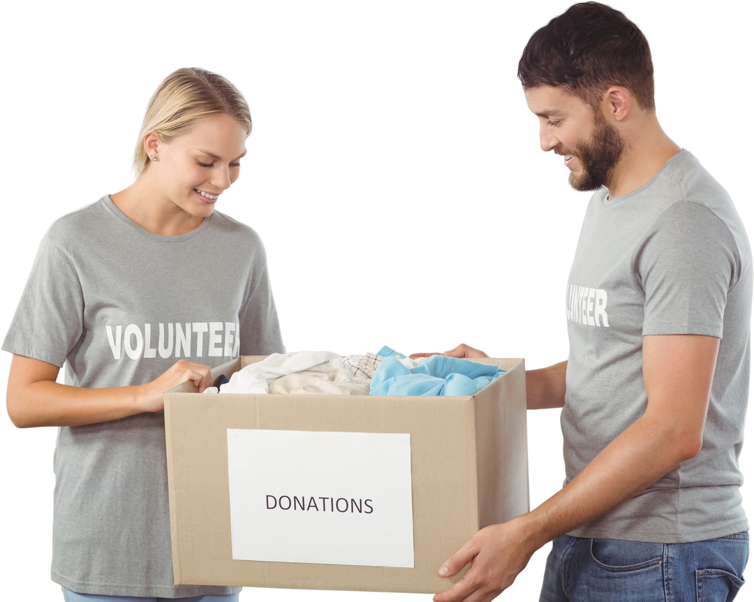 Transparent image happy volunteers holding donations box - Download Free Stock Images Pikwizard.com