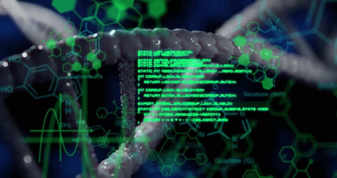 Futuristic Digital Interface with DNA and Data Processing Overlay