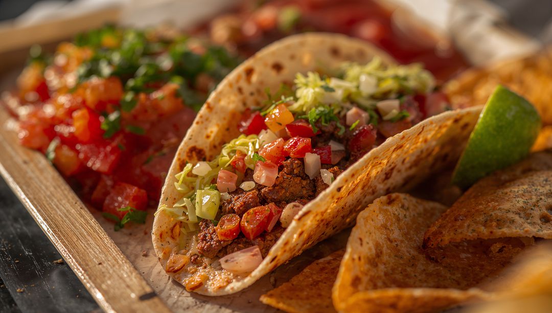 Rustic Beef Tacos with Salsa and Lime Garnish in Restaurant
