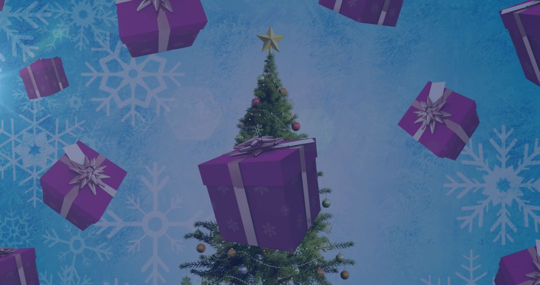 Christmas Gifts Cascading Above Tree with Snowflakes
