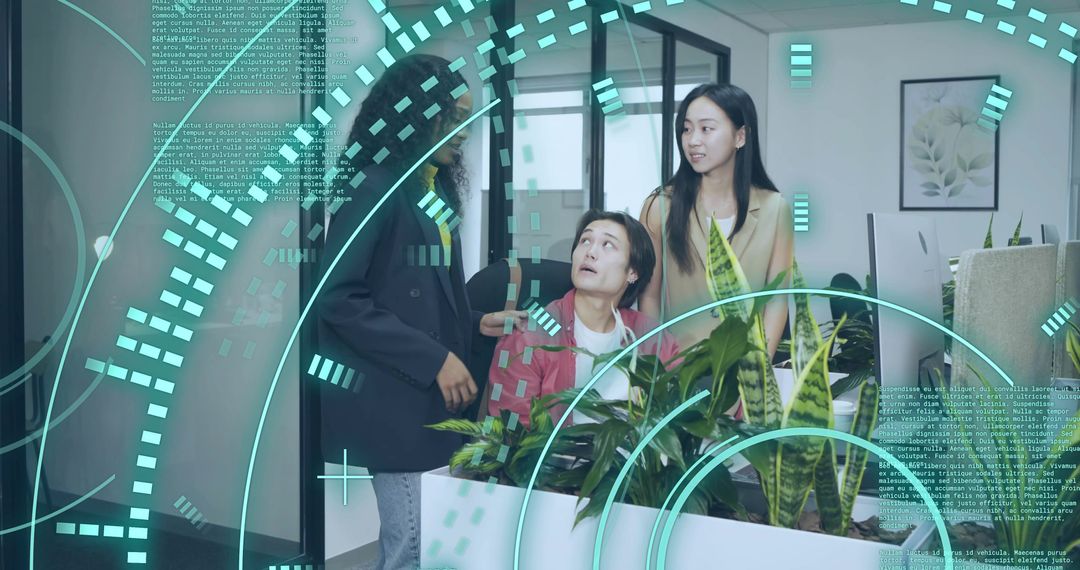 Team Collaborates on Code with Futuristic Digital Overlay in Modern Office