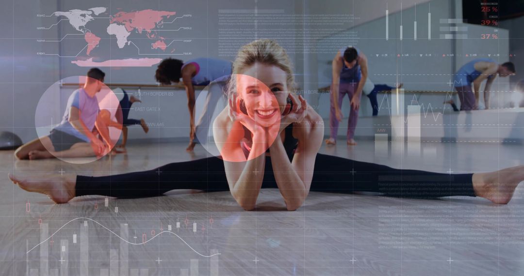 Smiling Instructor Practicing Split with AR Technology Overlay