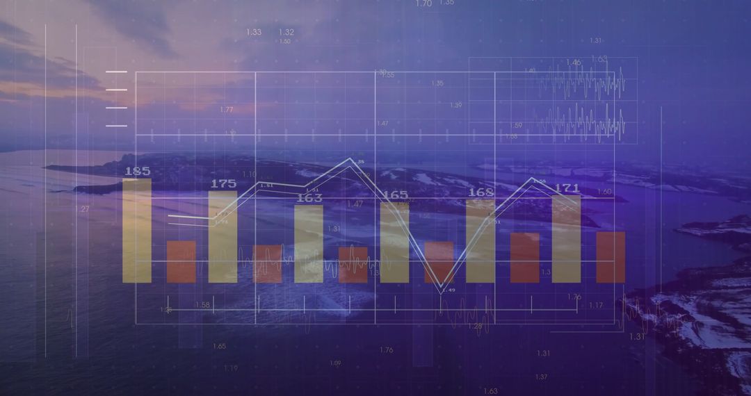Data Visualization Overlaying Serene Coastal Dawn Scene