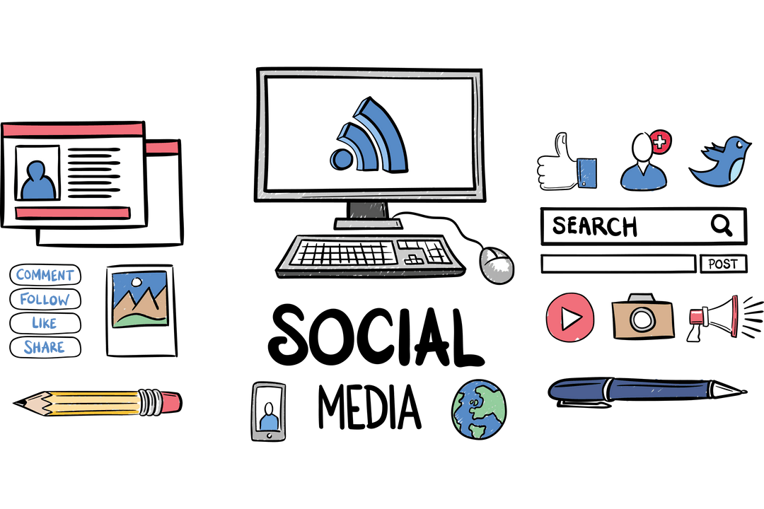 Social Media Icons and Tech Elements on Transparent Background