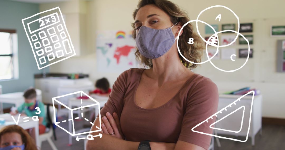Masked Teacher with Mathematics Symbols in Classroom Setting