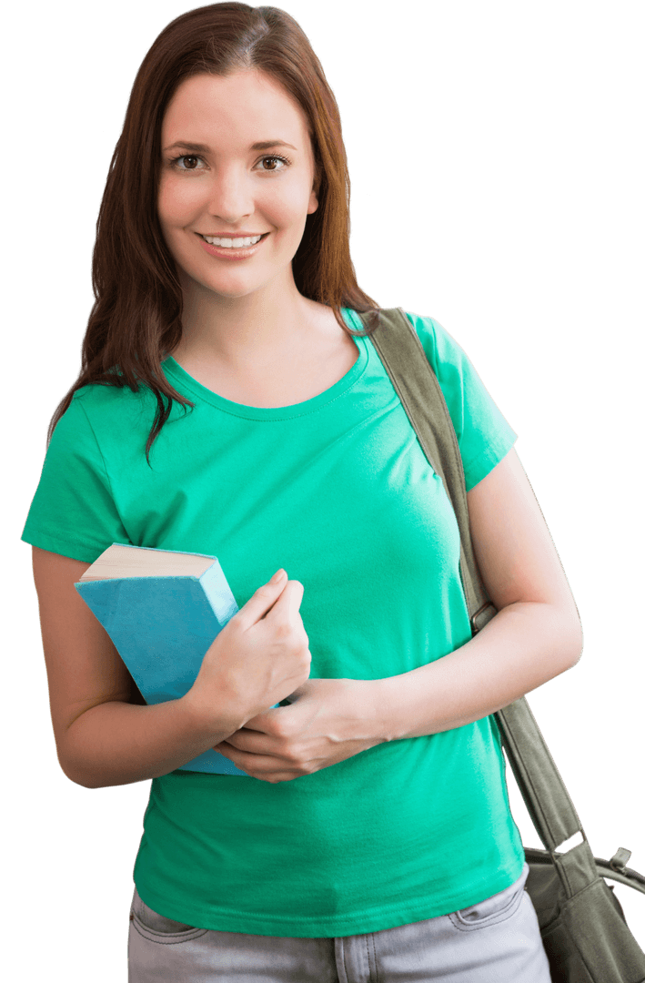 Smiling Student with Backpack and Book on Transparent Background