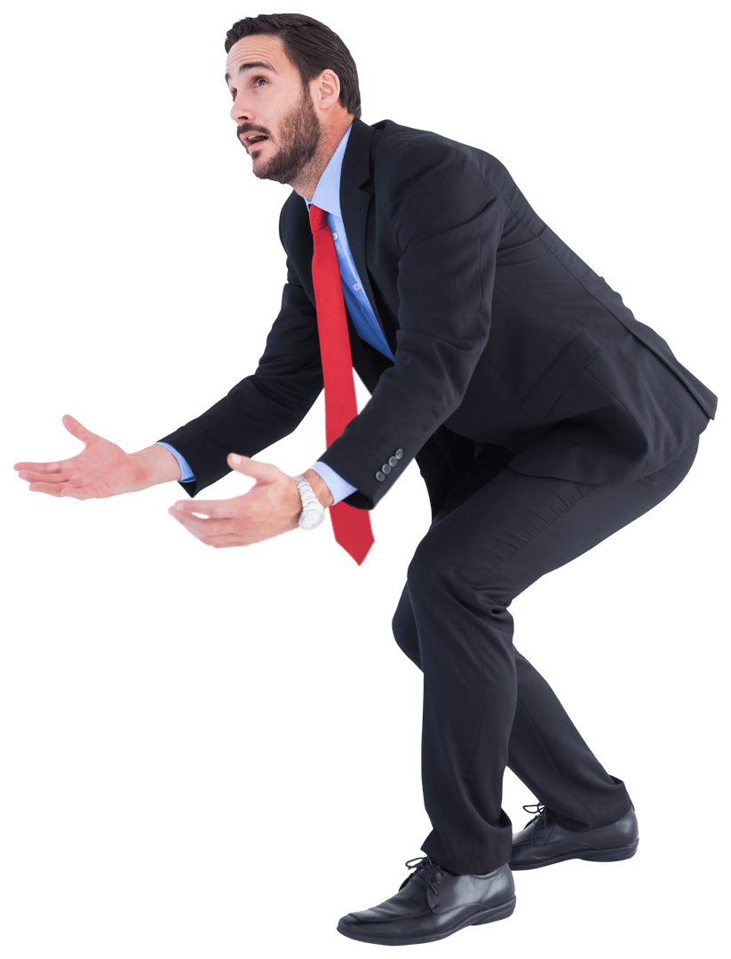 Transparent Businessman Reaching With Open Arms Facing Upwards