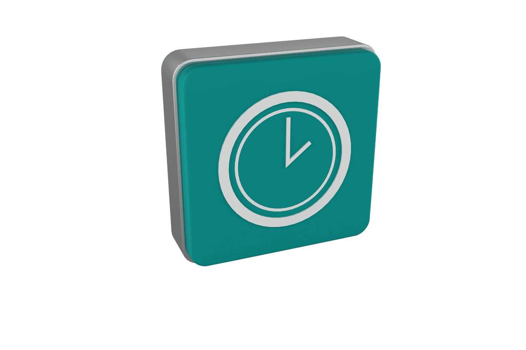 3D Aquamarine Cube with Clock Symbol on Transparent Background