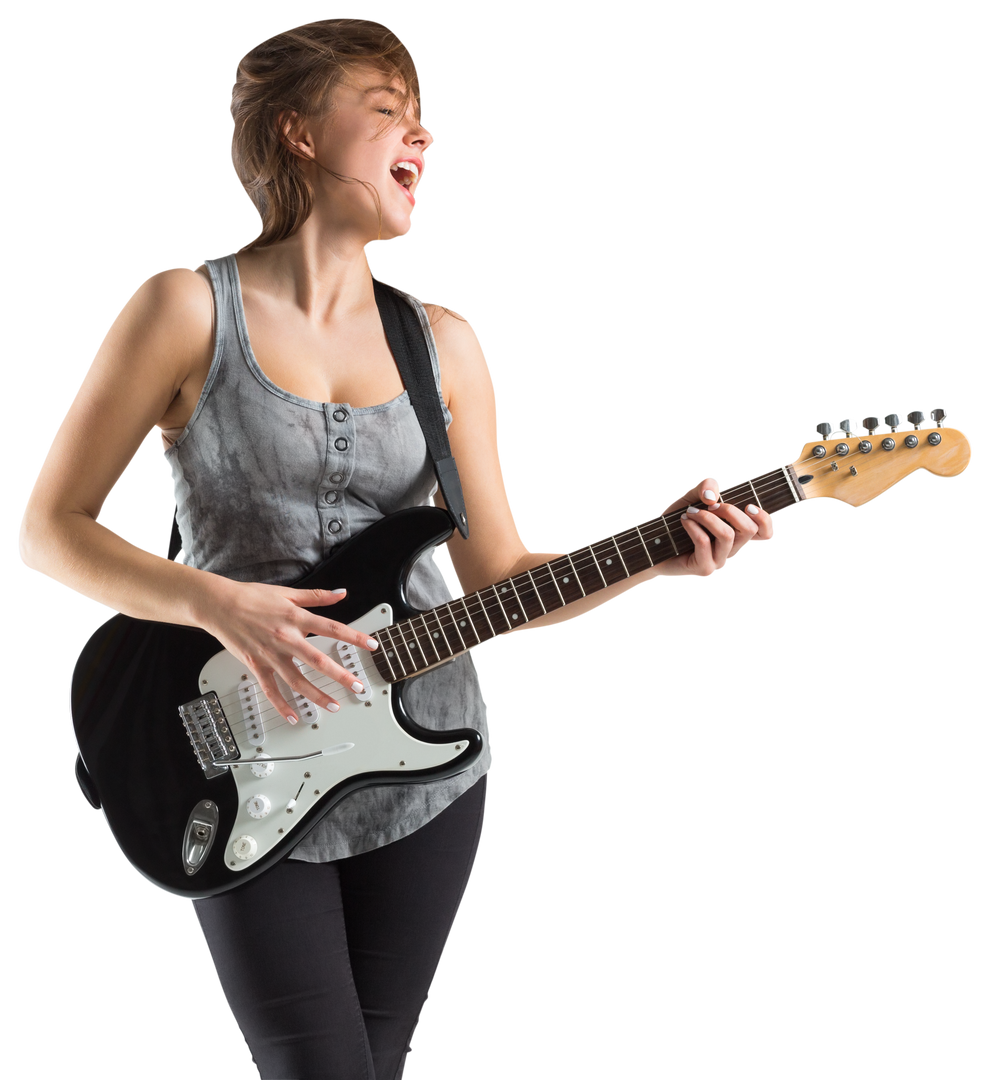 Transparent background of woman playing electric guitar and singing passionately - Download Free Stock Images Pikwizard.com