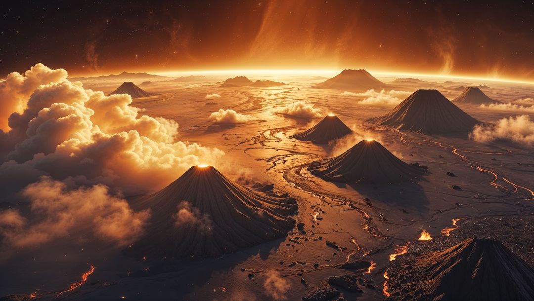 Breathtaking venus volcanic landscape with erupting lava