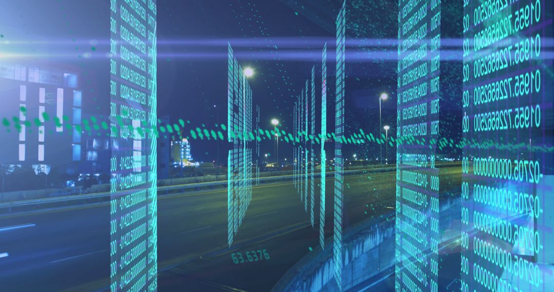 Futuristic Data Flow Illuminating Urban Night Scene