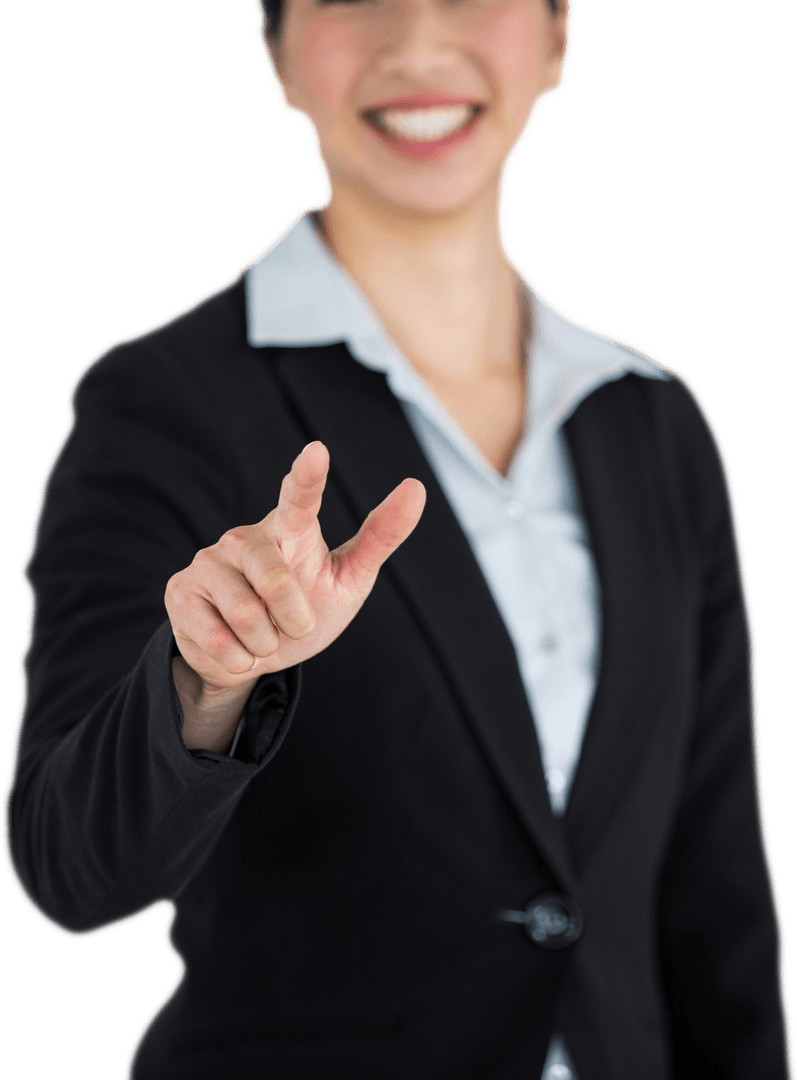 Transparent Woman Smiling and Interacting with Invisible Touchscreen