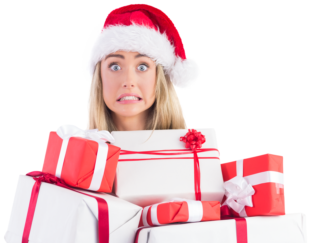 Surprised Woman in Santa Hat Holding Stack of Gifts on Transparent Background - Download Free Stock Images Pikwizard.com