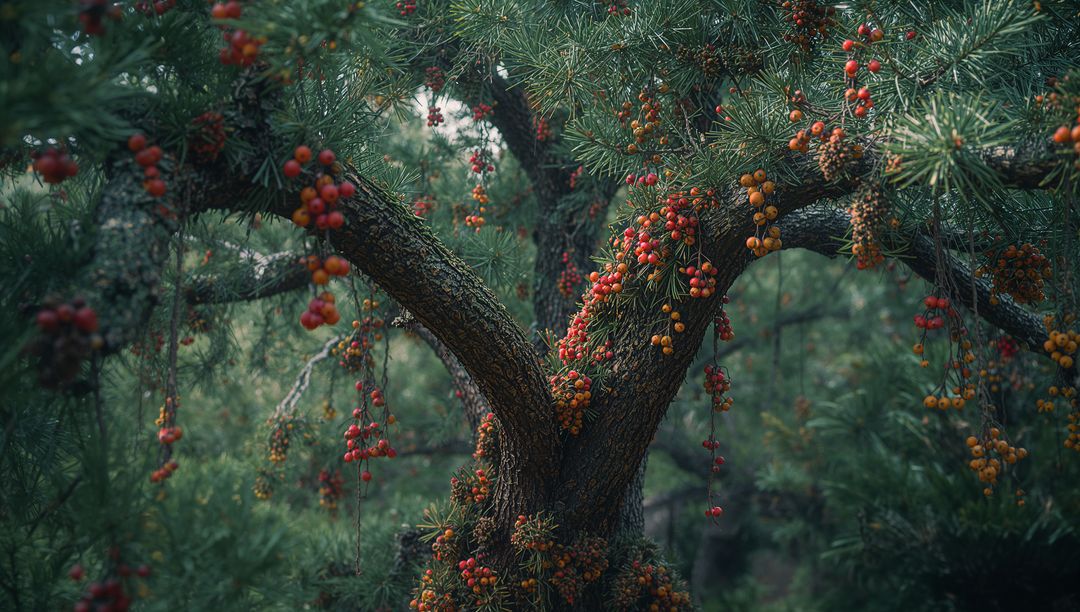 Pine Tree with Vibrant Red and Orange Berries in Tranquil Forest