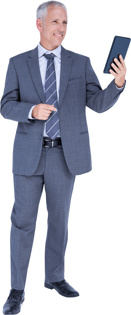 Happy Businessman Using Tablet on Transparent Background