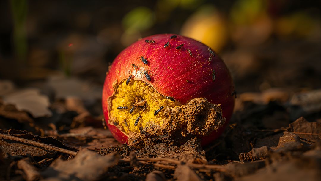 Partially Eaten Red Fruit Revealing Yellow Pulp with Insects Feeding on Leaf Litter