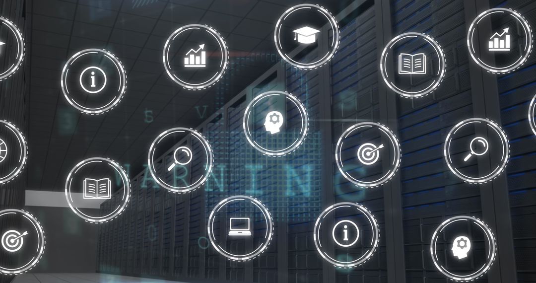 Digital Icons with Cyber Security in Computer Server Room