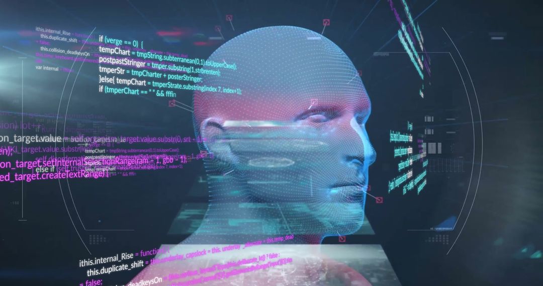 Digital Human Head with Code Overlay Depicts Futuristic Technology