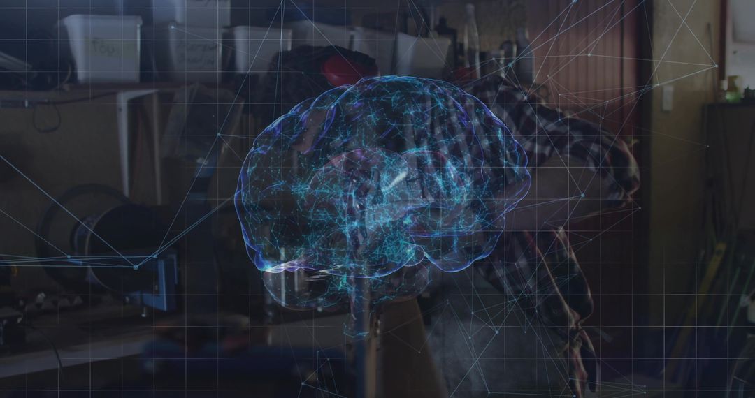 Engineer Analyzing Holographic Brain in Innovative Lab Setting