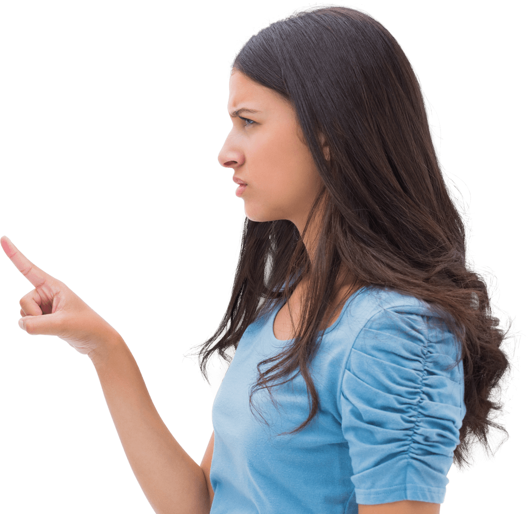 Focused Businesswoman pointing with finger on transparent background