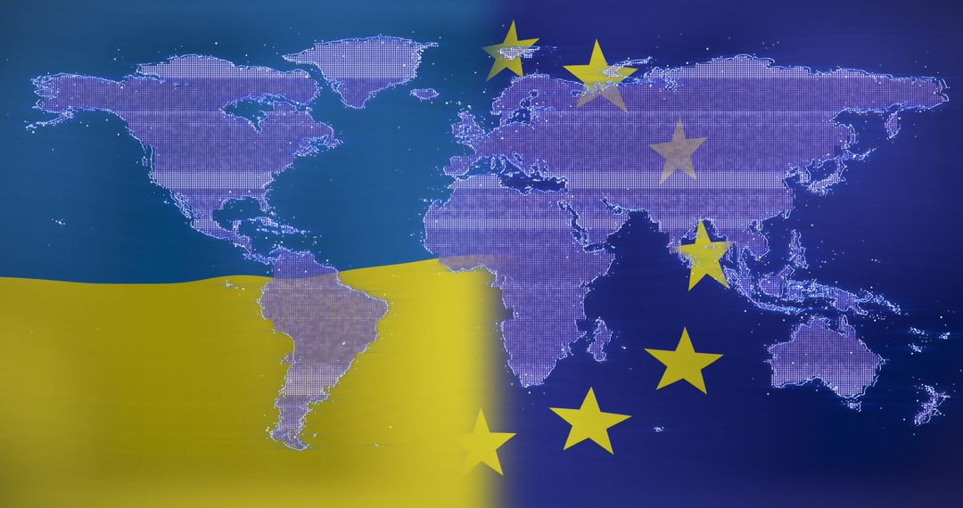 Digital World Map Over Ukrainian and European Union Flags