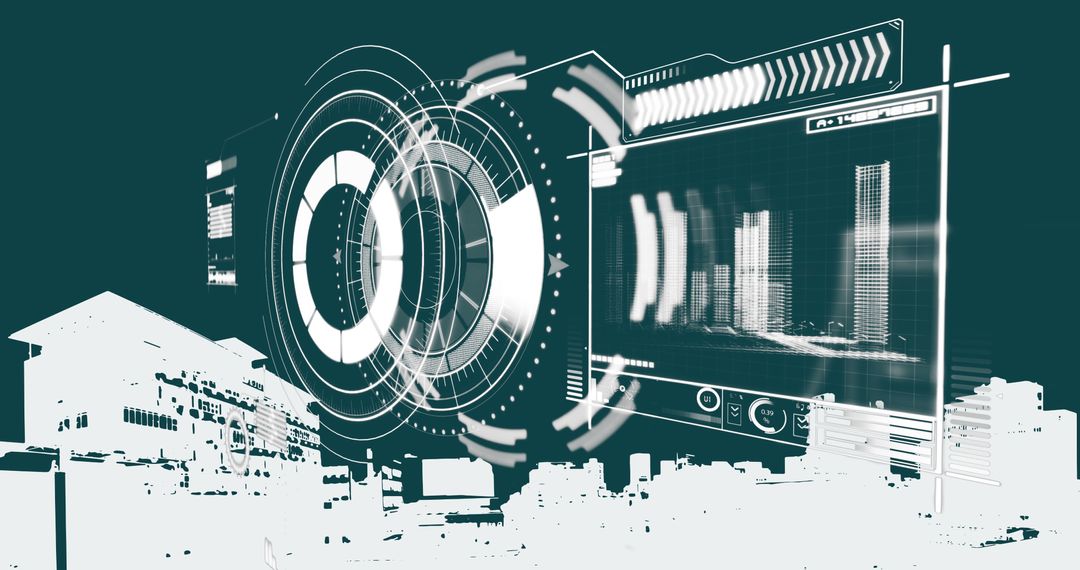 Futuristic Digital Interface Over Cityscape Illustrating Data Processing