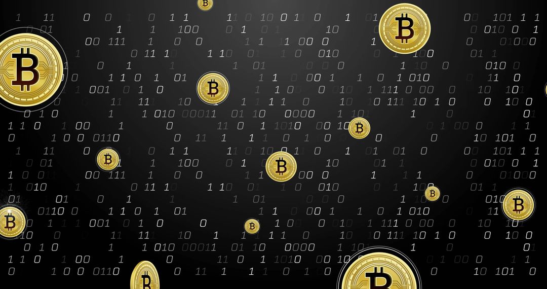 Bitcoin Symbols on Dynamic Binary Code Background