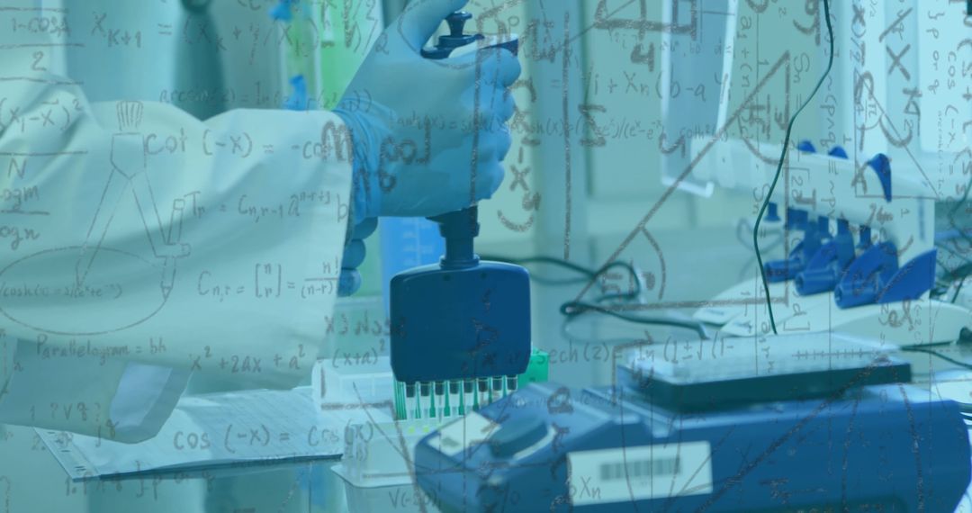 Scientist Analyzing Data with Mathematical Equations Overlay