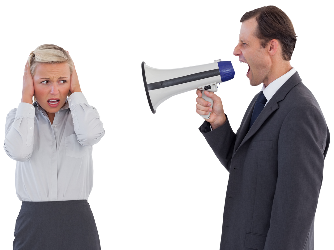 Transparent businessman shouting with bullhorn at distressed colleague - Download Free Stock Images Pikwizard.com