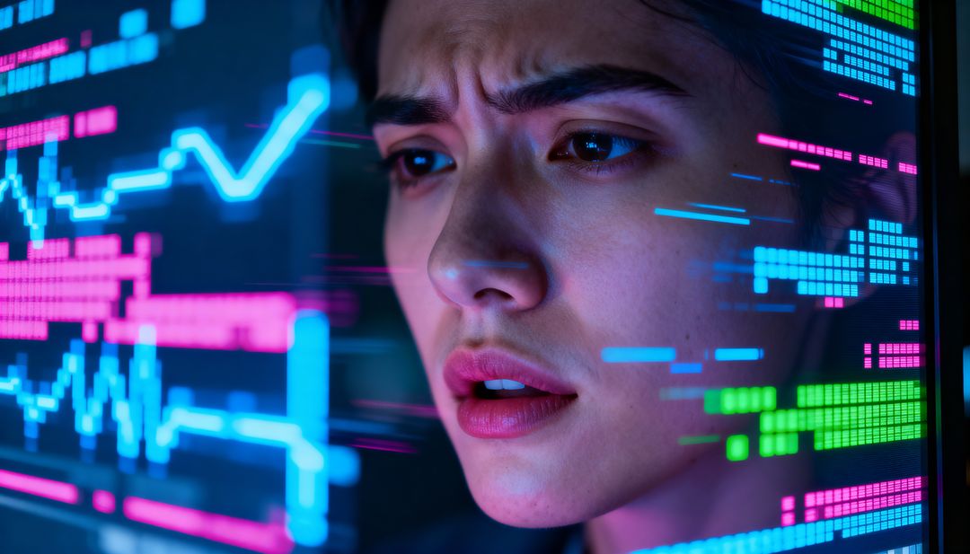 Studying Woman Leaning Toward Neon Data Display Close-up, Focused Analyst Reading Glowing Charts