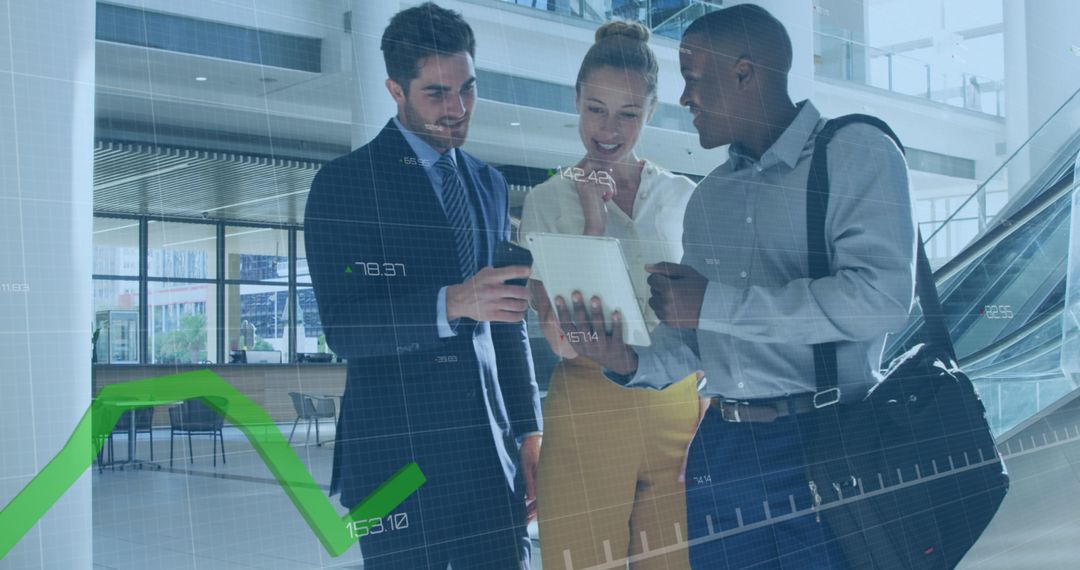 Business Team Discussing Financial Growth with Digital Graph Overlay