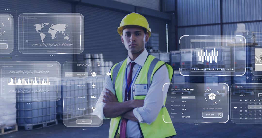 Warehouse Worker Analyzing Digital Data Overlays in Logistics Hub