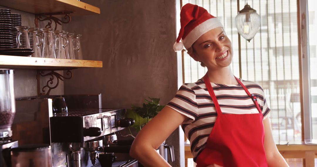 Happy Barista Smiling in Santa Hat at Coffee Shop - Free Images, Stock Photos and Pictures on Pikwizard.com