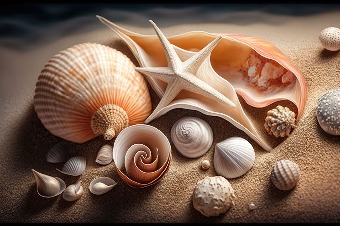 Close up of seashells in sand, created using generative ai technology - Free Images, Stock Photos and Pictures on Pikwizard.com