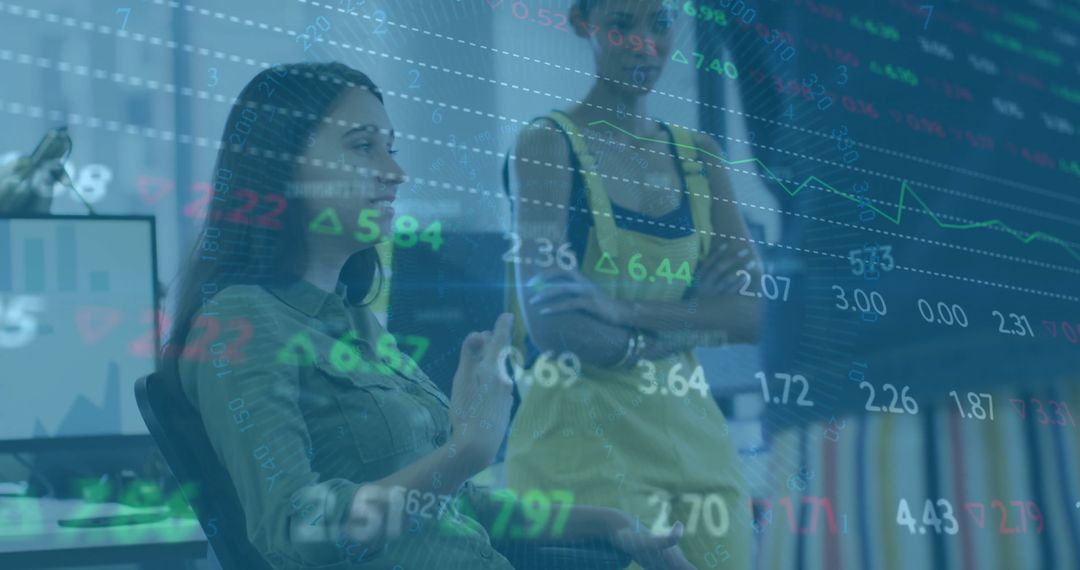 Colleagues Collaborating with Financial Data Overlay in Office Environment