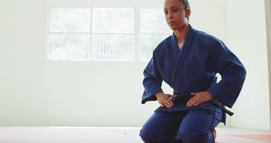 Focused Martial Artist Kneeling on Training Mat in Blue Gi - Free Images, Stock Photos and Pictures on Pikwizard.com