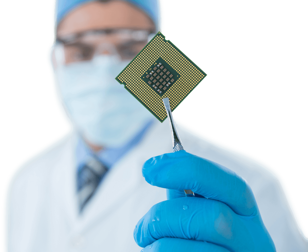Transparent Focus on Scientist Holding Electronic Chip with Gloves