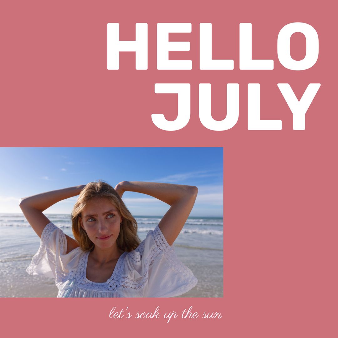 Senior Woman Smiling at Beach Under Blue Sky July Themed