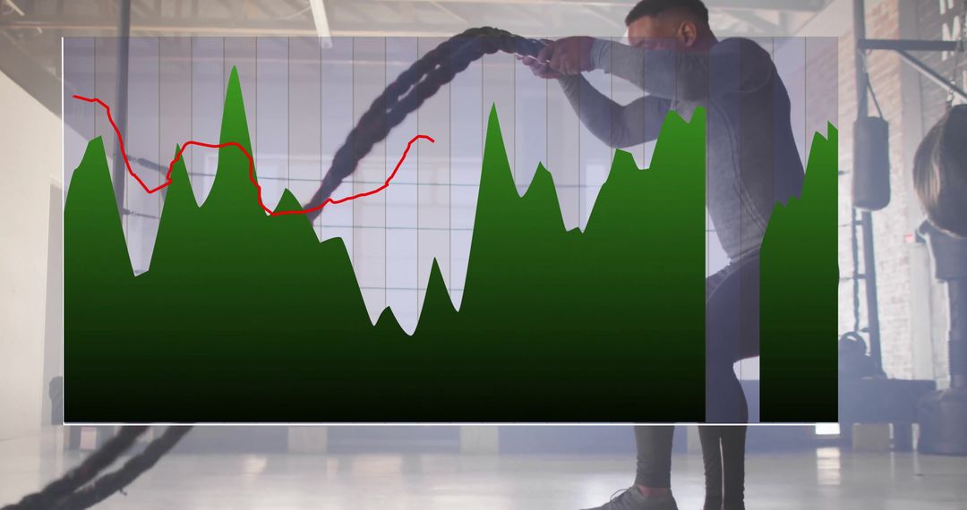 Intense Battle Rope Training with Data Chart Overlay in Warehouse Gym