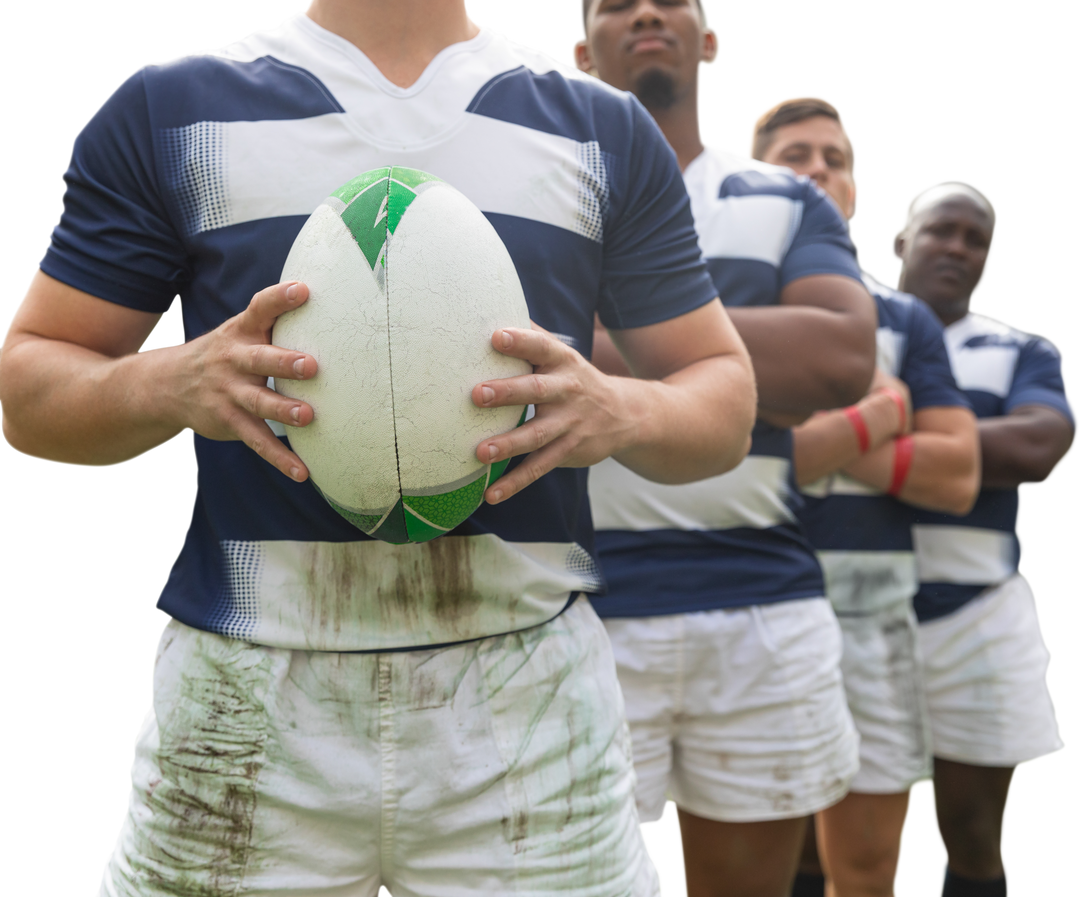 Diverse Male Rugby Players Standing in Line Holding Ball on Transparent Background - Download Free Stock Images Pikwizard.com