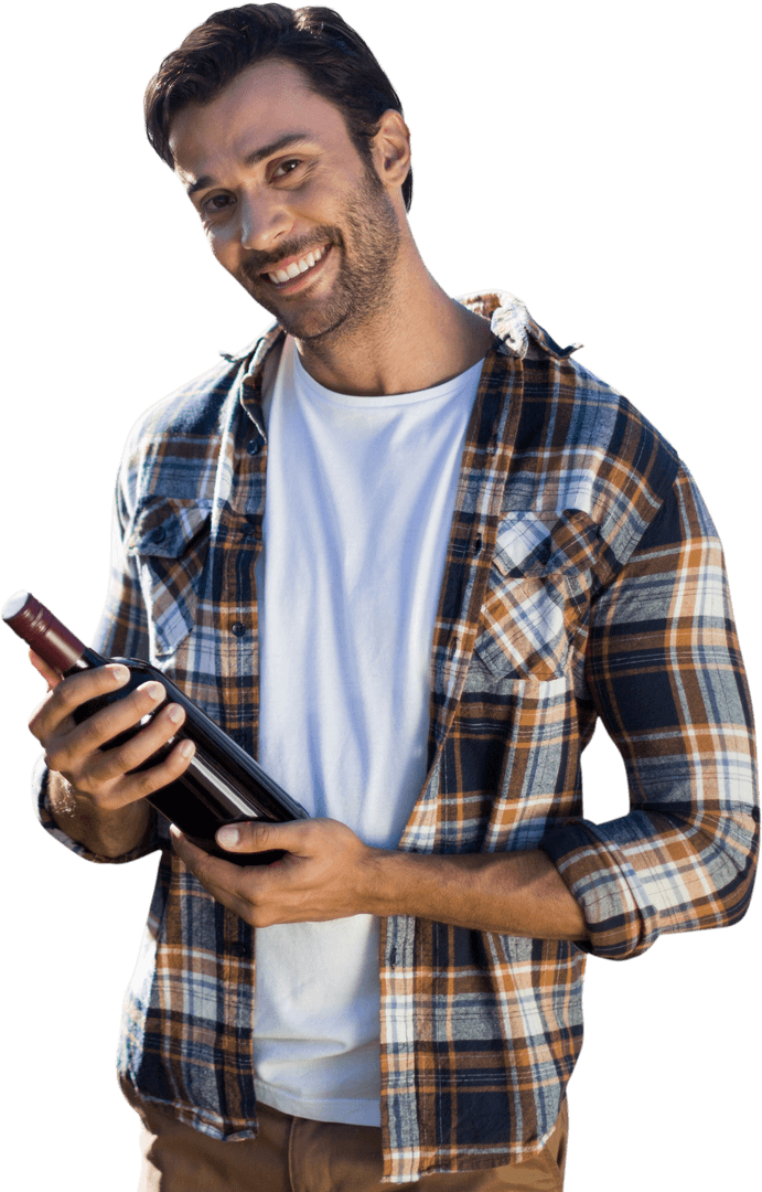 Smiling Man Holding Wine Bottle Against Transparent Background