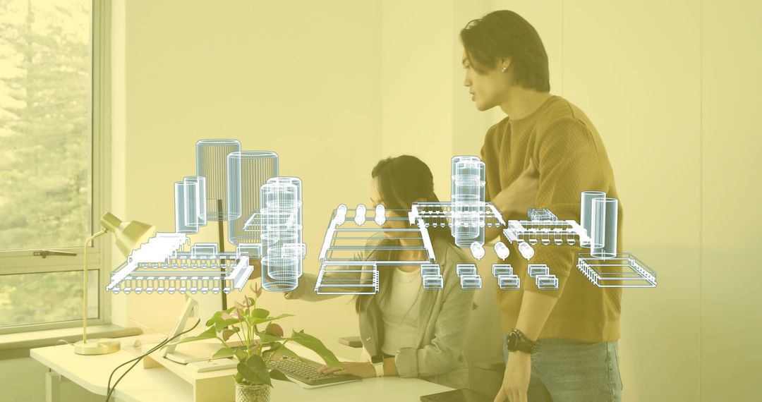 Engineers Collaborating with Floating 3D Blueprint