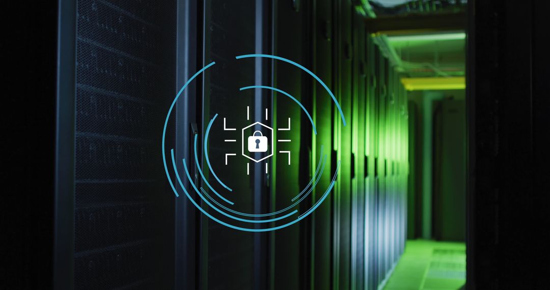 Digital Security in Green-Lit Server Room with Network Overlay